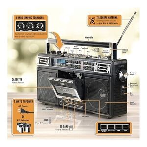 Portable Retro Boombox Radio Cassette Player - Black